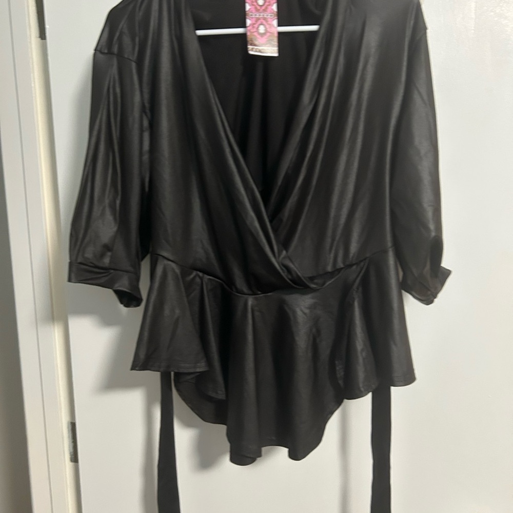 Boohoo Black Faux Leather Wrap Top with Peplum